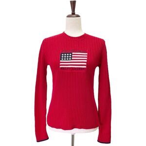 Vintage Ralph Lauren Polo USA Flag Sweater Red Ribbed Knit Size Large Fits Small